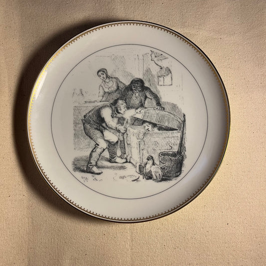 Plato Bing & Grøndahl serie Hans Christian Andersen, ilustración en negro sobre porcelana blanca, escena de Little Claus and Big Claus