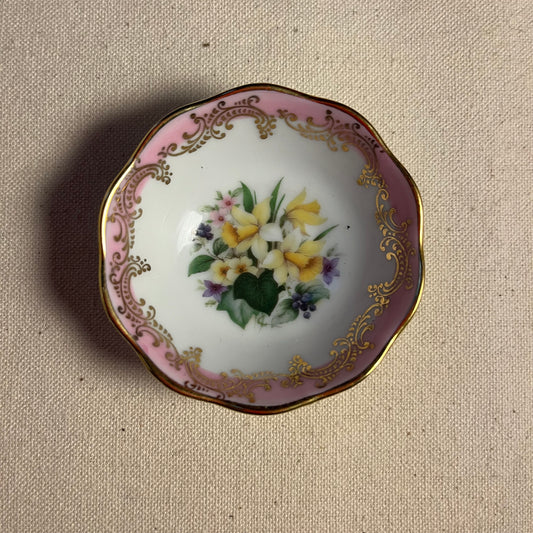 Cuenco de porcelana Impérial Limoges con borde rosa y decoración floral pintada a mano