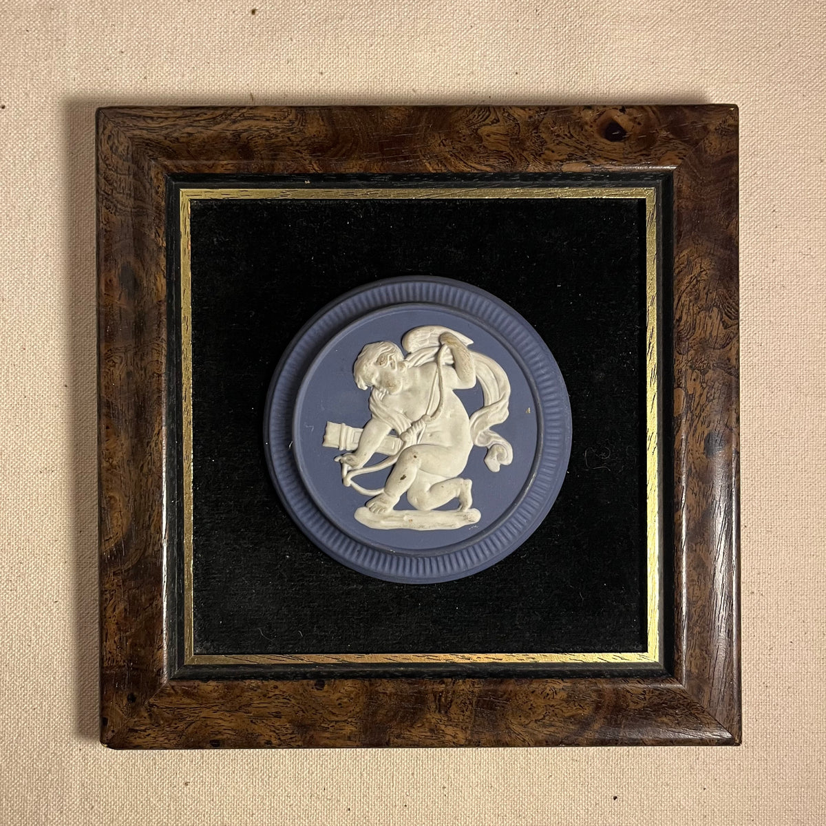 Medallón Wedgwood jasperware azul con querubín en bajorrelieve blanco, marco de raíz de nogal